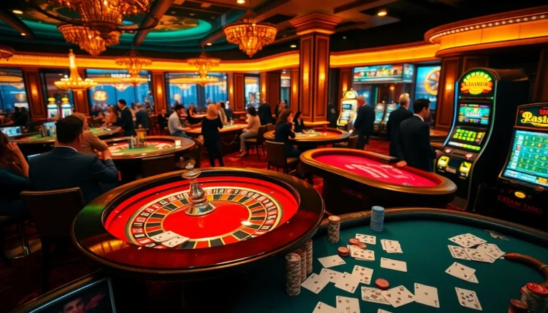 C168 gaming tables excite patrons amidst vibrant casino atmosphere, featuring roulette wheels and poker chips.