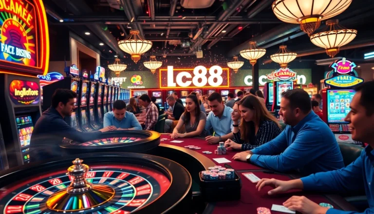Experience the thrill of gambling with lc88 at a vibrant casino, showcasing players and gaming elements in a captivating atmosphere.