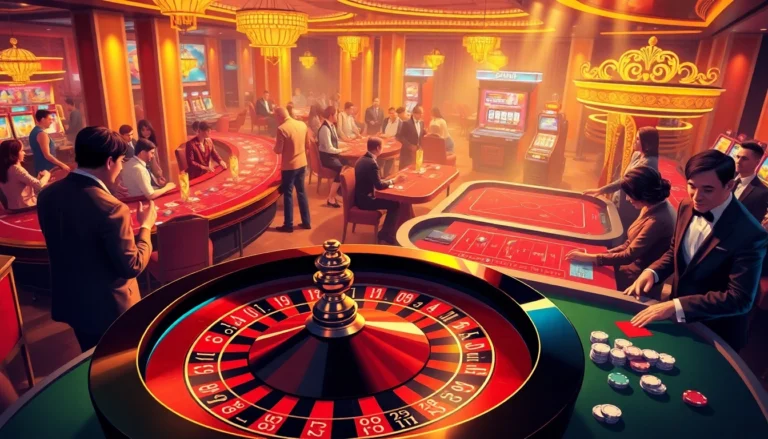 Experience the thrilling excitement of gambling at https://enew88.com/, featuring players engaging at a vibrant roulette table surrounded by poker chips and cards.