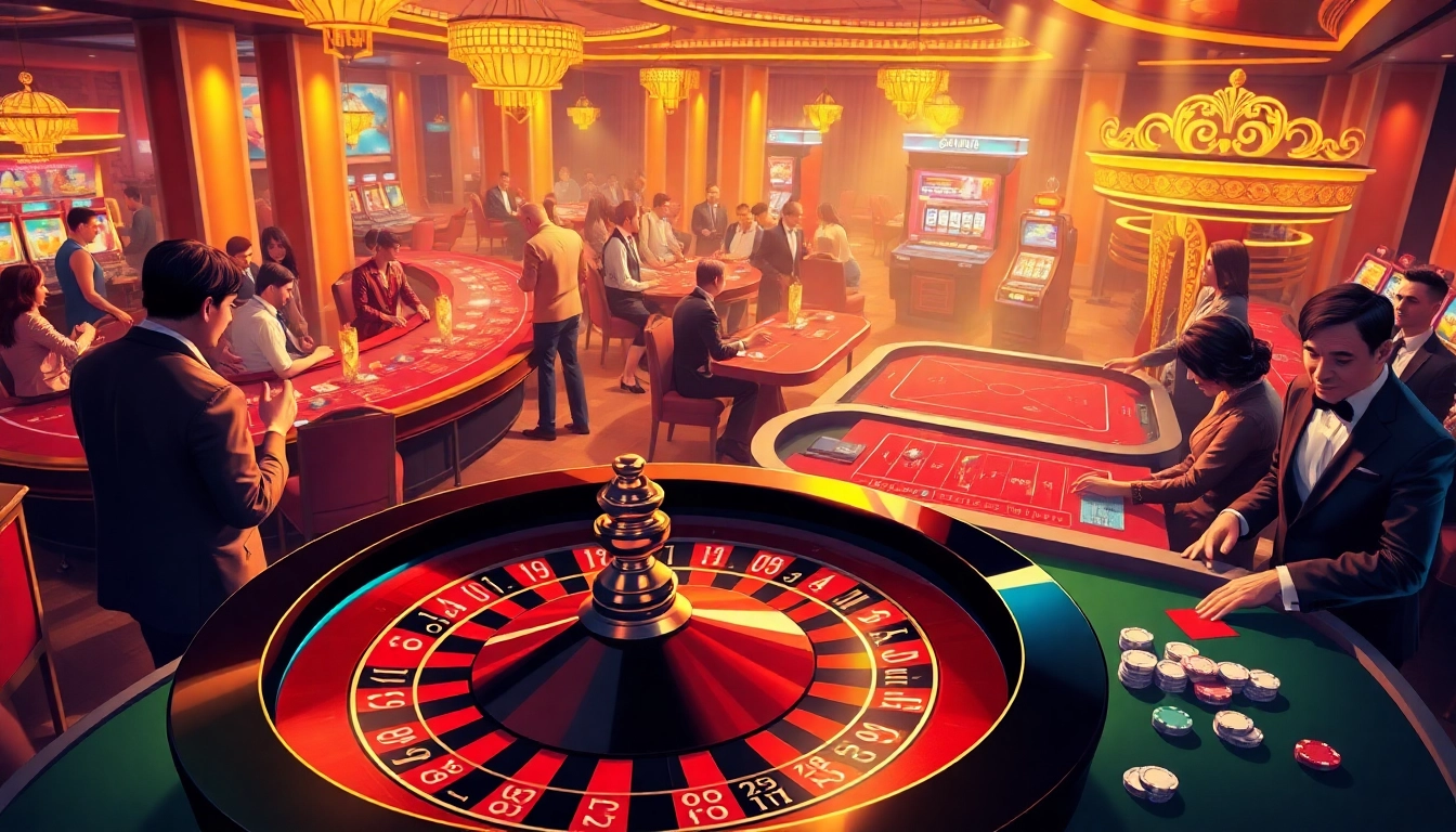 Experience the thrilling excitement of gambling at https://enew88.com/, featuring players engaging at a vibrant roulette table surrounded by poker chips and cards.