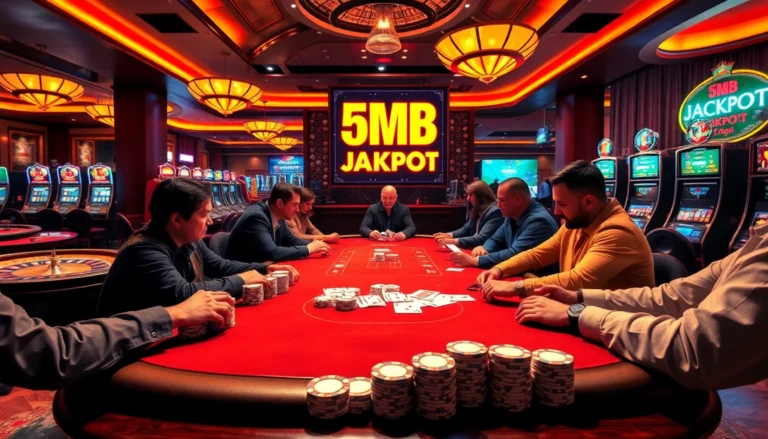 A tense poker scene in a casino, featuring players vying for the '5MB Jackpot' with vibrant chips and dynamic lighting.