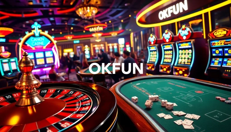 Action-packed casino environment with OKFUN branding on slot machines and poker tables.
