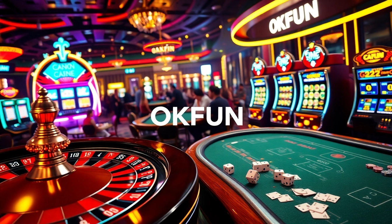Action-packed casino environment with OKFUN branding on slot machines and poker tables.