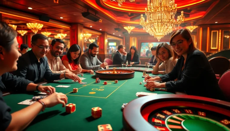 58win Casino atmosphere featuring excited players at a blackjack table, lively atmosphere, and colorful chips.