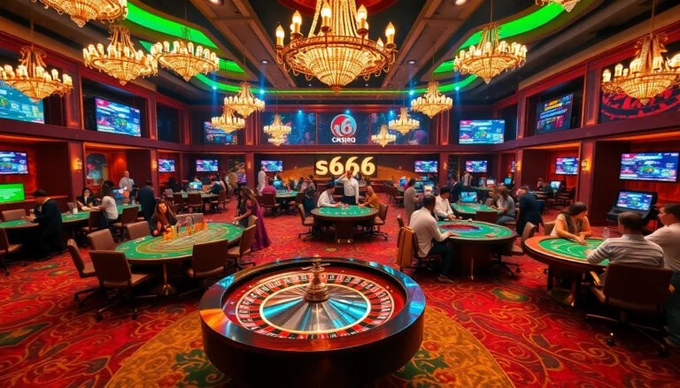 An immersive casino scene featuring players around poker tables and roulette wheels, highlighting the brand s666.