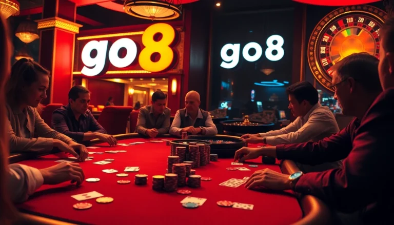 Experience the thrill of go8 poker games at a vibrant casino table, featuring colorful chips and players focused on their bets.