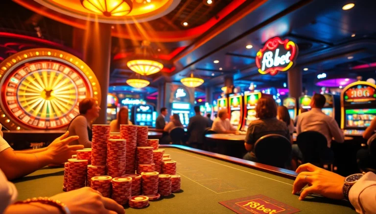F8bet players excitedly placing bets at a poker table surrounded by vibrant casino lights.