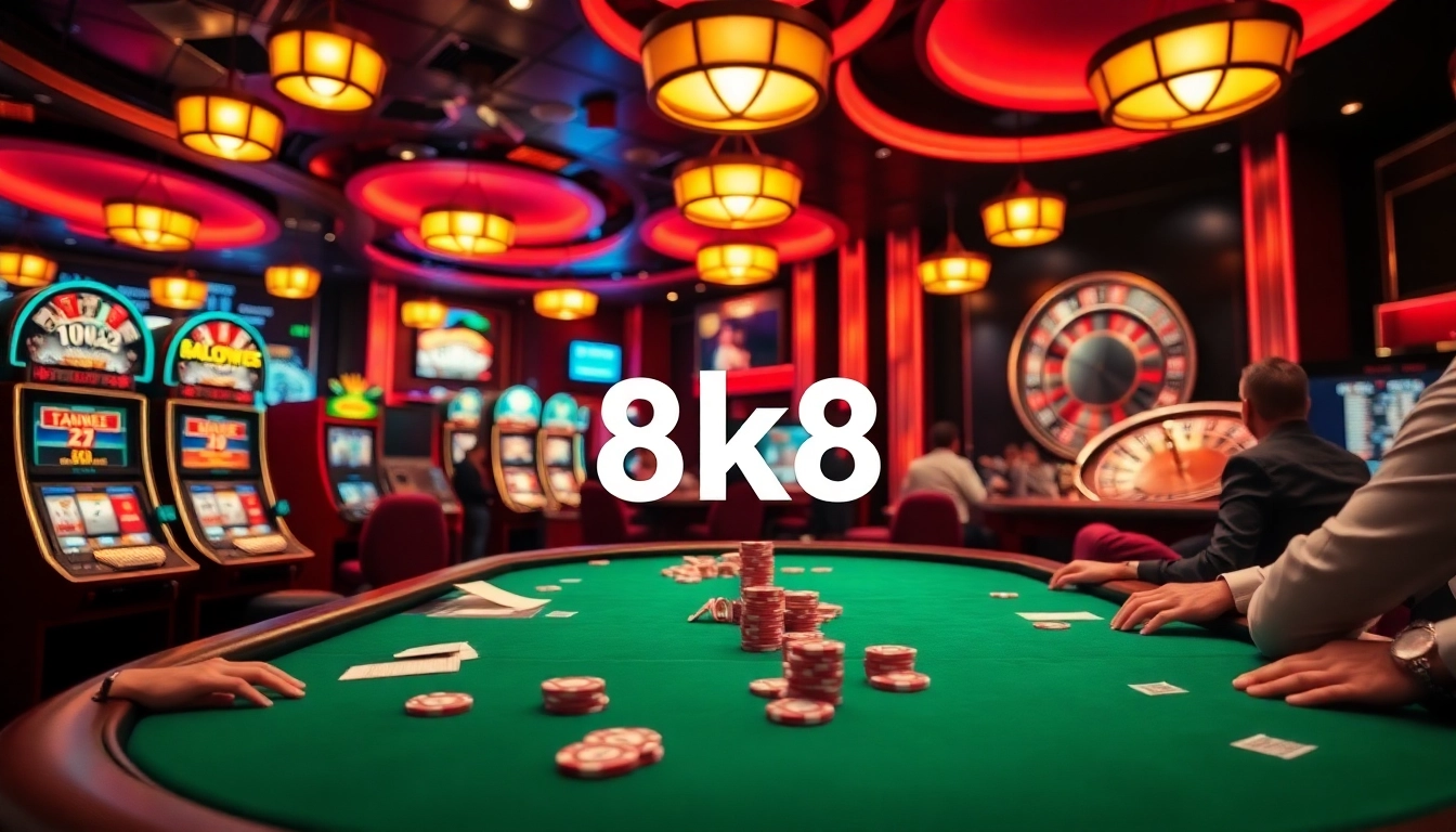 Action-packed scene with players enjoying poker at 8k8 online casino filled with vibrant slot machines.