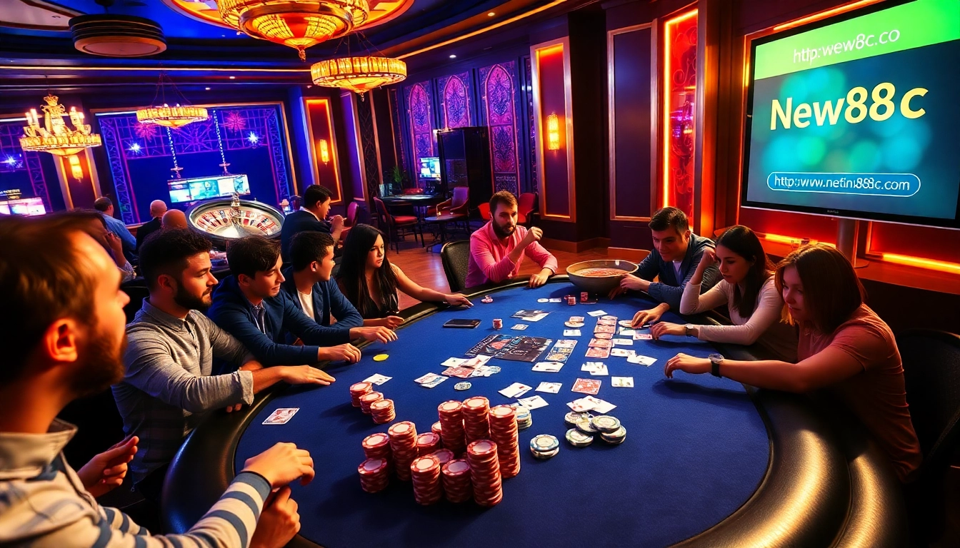 Experience thrilling poker action at https://new88c.co/ with vibrant chips, cards, and a dealer.