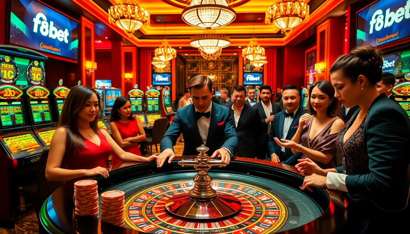 Experience the thrill of f8bet at a luxurious casino featuring players engaged at the roulette table.