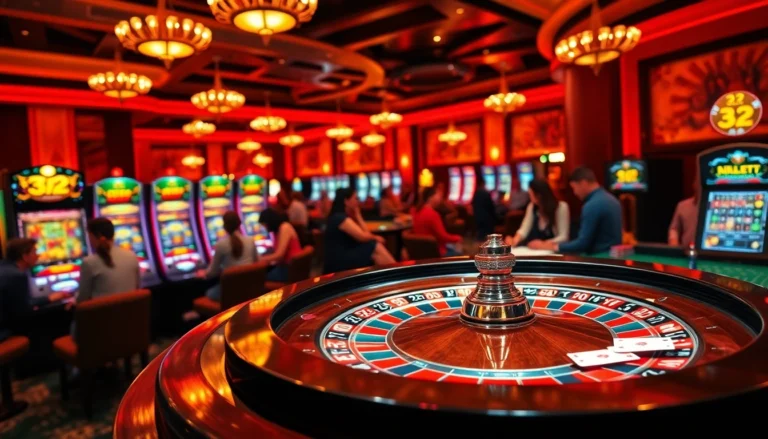 Experience the thrill of winning with 32win at a vibrant casino showcasing spinning roulette wheels and lively players.