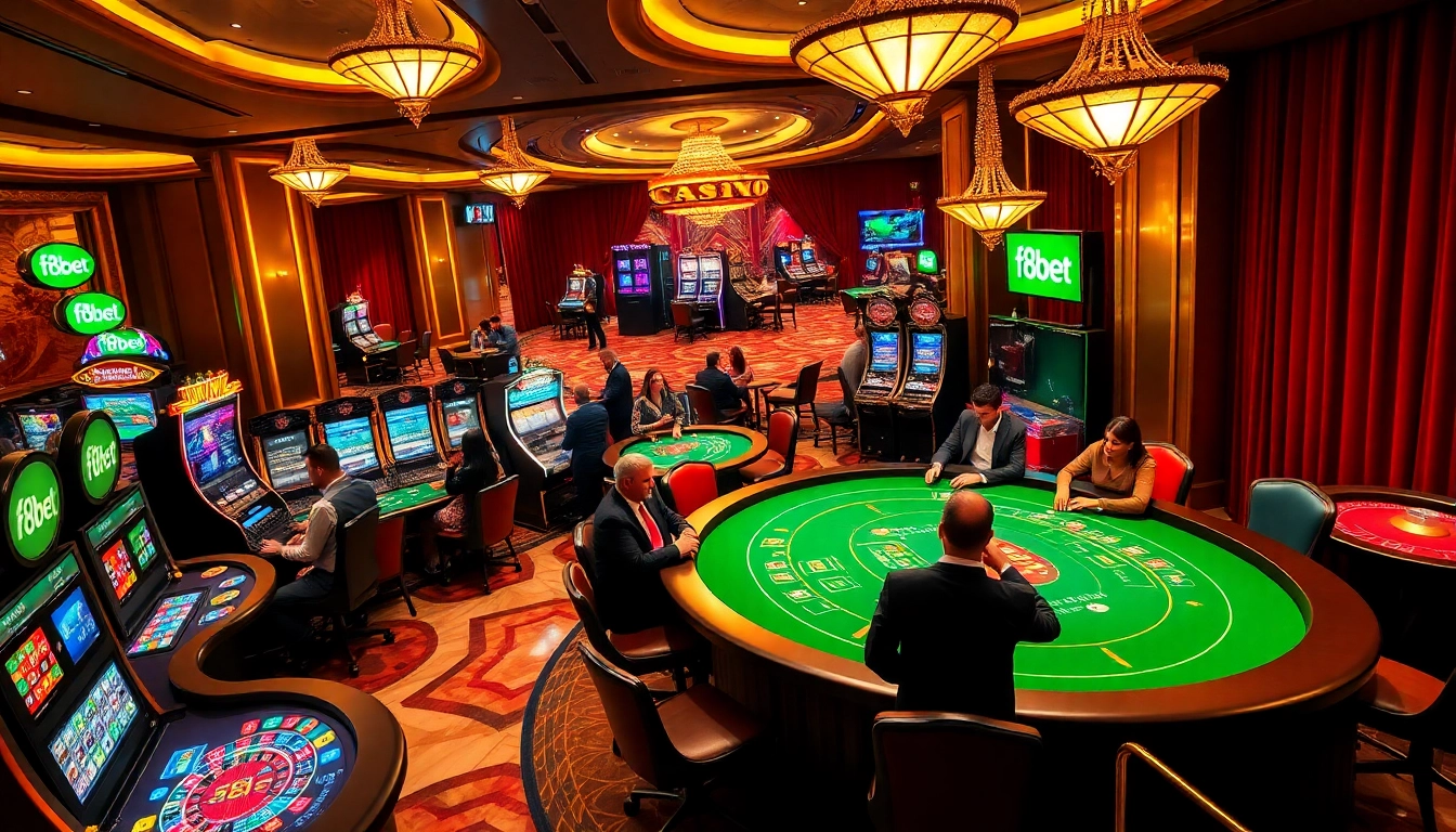 An exciting gaming scene at a casino showcasing f8bet tables and vibrant slot machines full of players enjoying their bets.