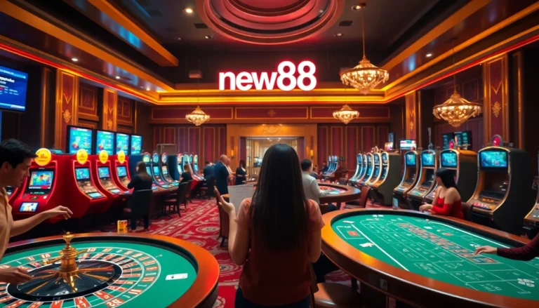 Experience the thrill of new88 with players enjoying vibrant casino games and slot machines in a luxurious setting.