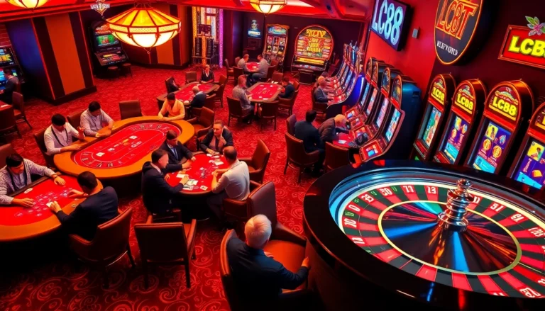 Experience the thrill of LC88 with players enjoying poker and roulette at a vibrant casino scene.